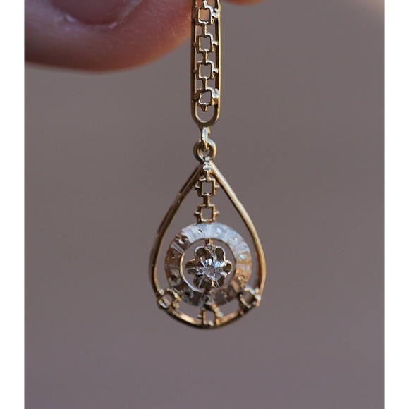 Antique 14k Solid Gold Old Mine Cut Diamond Filigree Hand Engraving Pendant - Picture 3 of 7